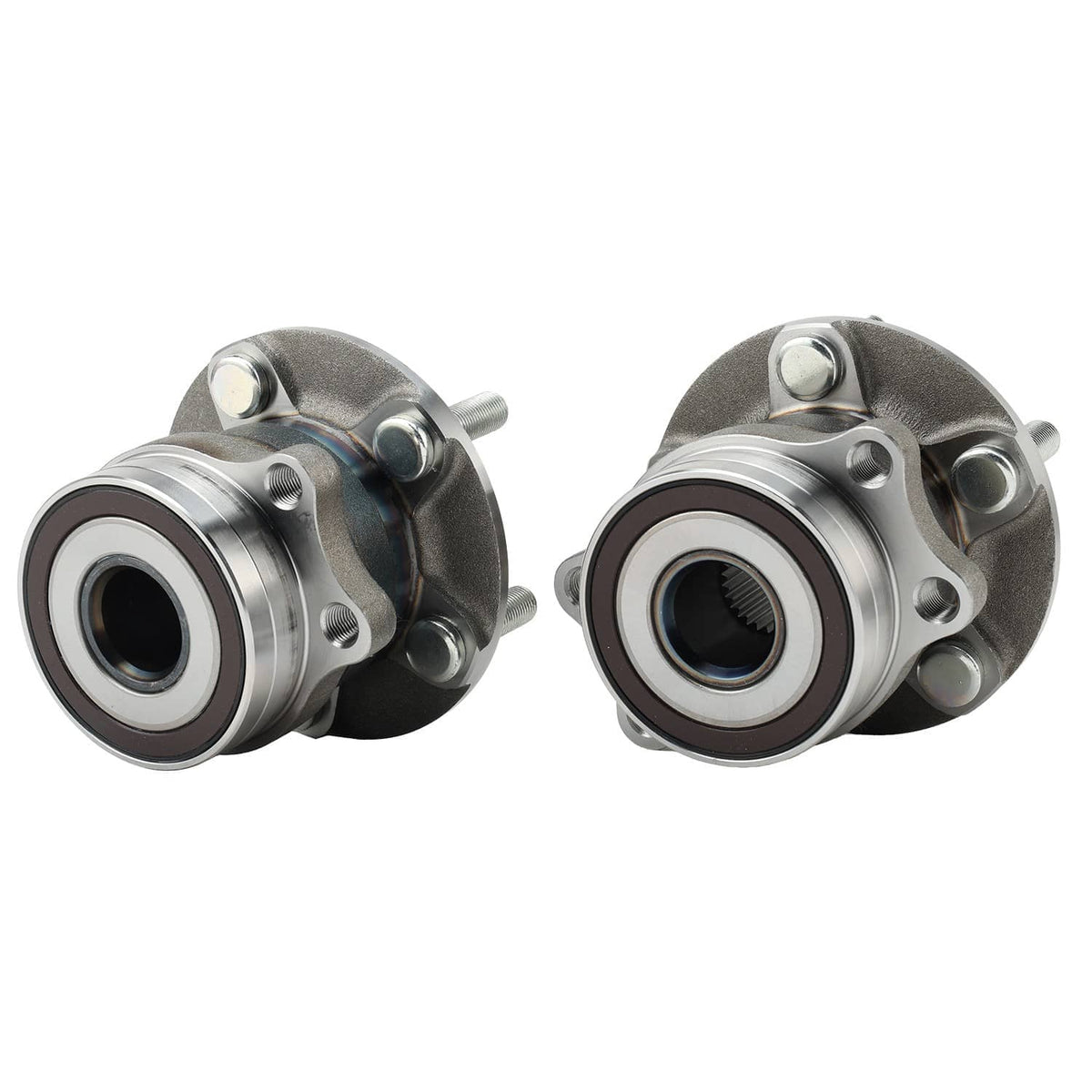 Two rear wheel bearing hubs with dark seal rings and side mounting hardware