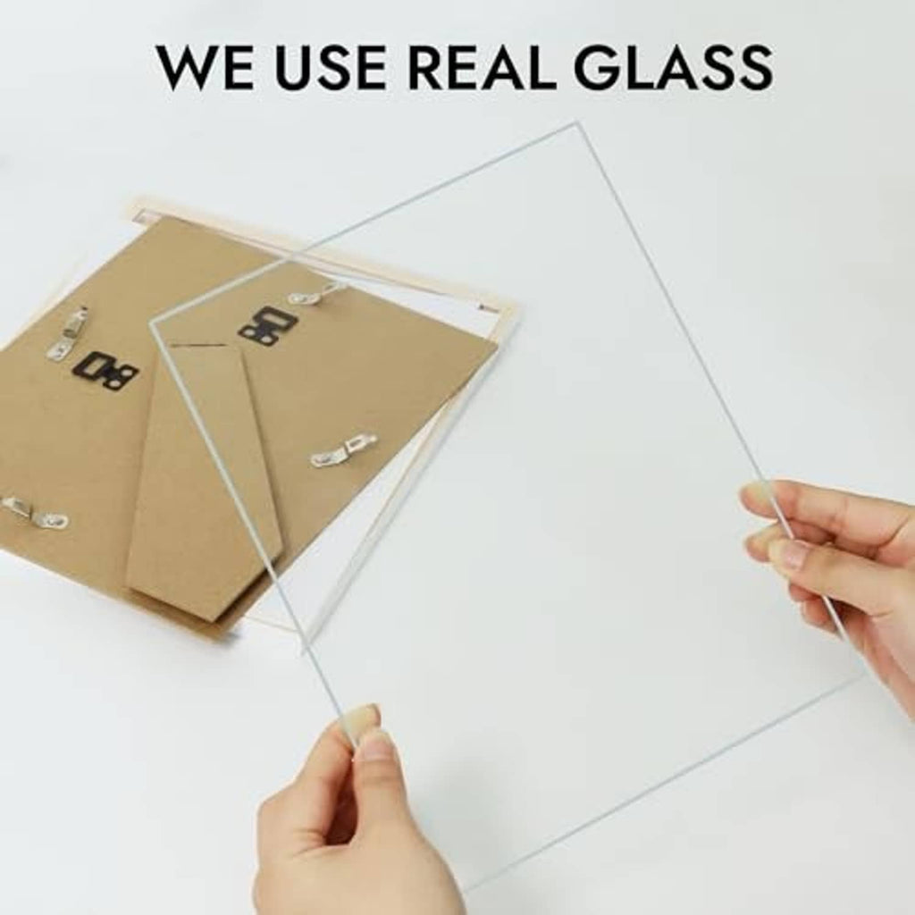 5x7 photo frame showing real glass panel over cardboard backing with corner clips