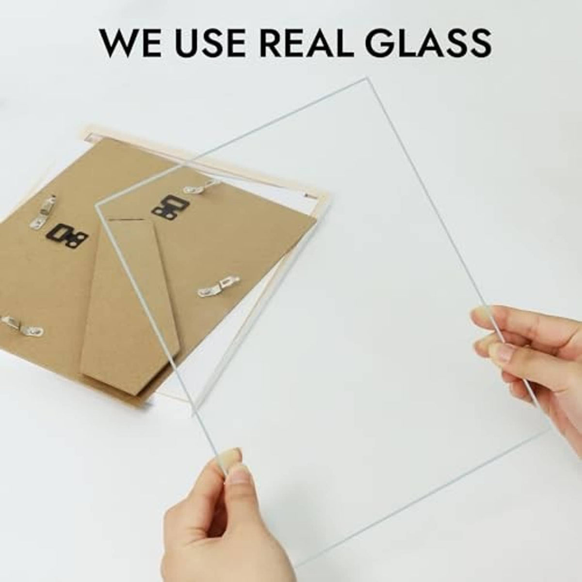5x7 photo frame showing real glass panel over cardboard backing with corner clips