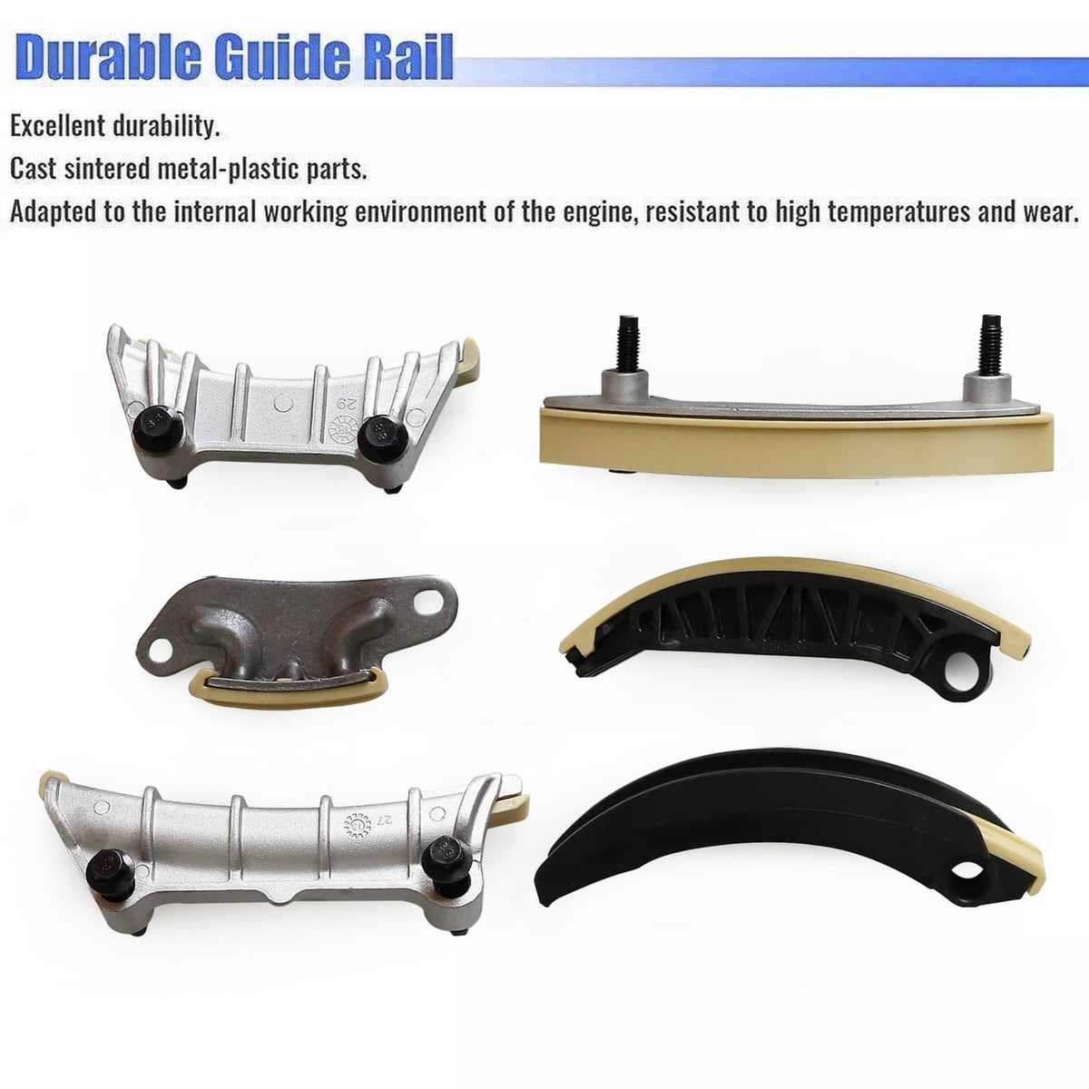 Timing chain guide rail kit with metal guides and black-and-beige tension pads