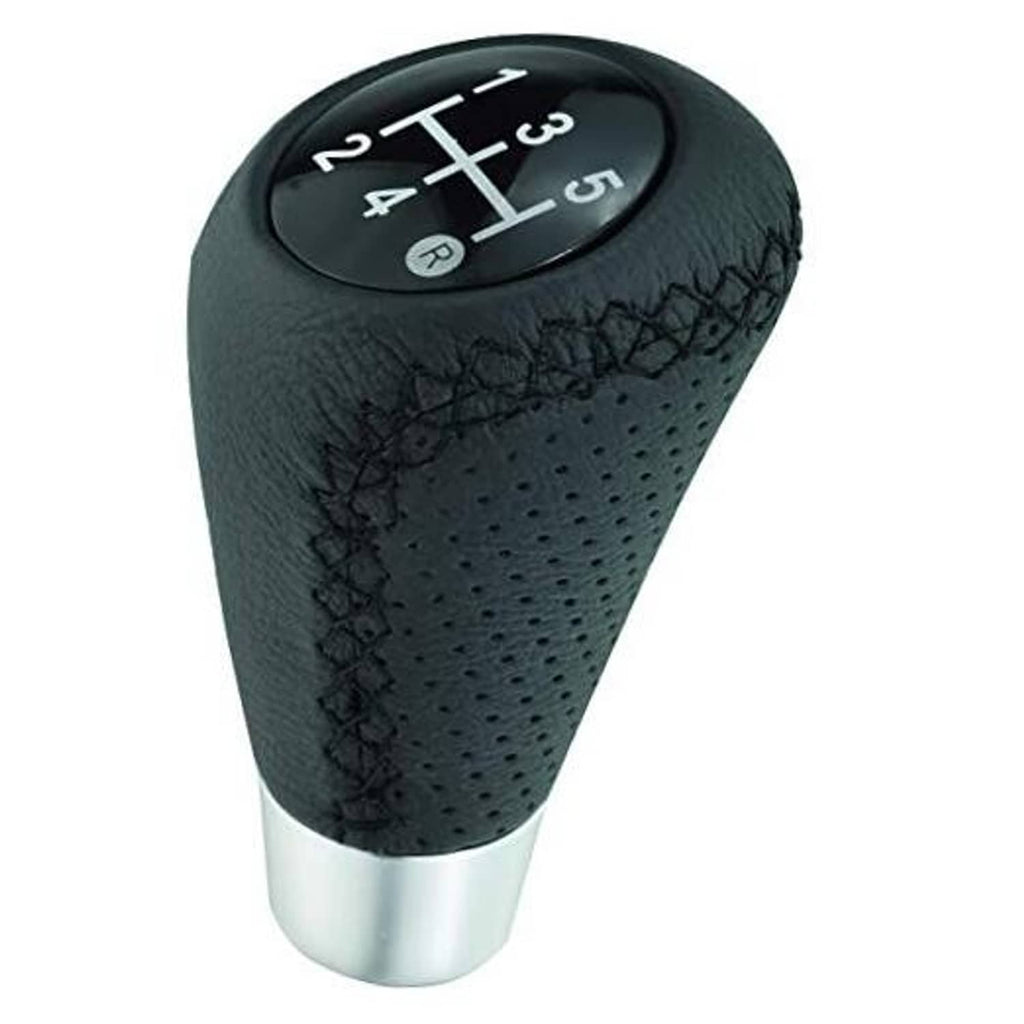 Black leather 5-speed shifter knob with silver base, perforations, and stitched grip