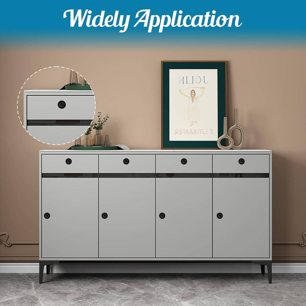 Matte black cabinet knobs on a front panel drawer unit