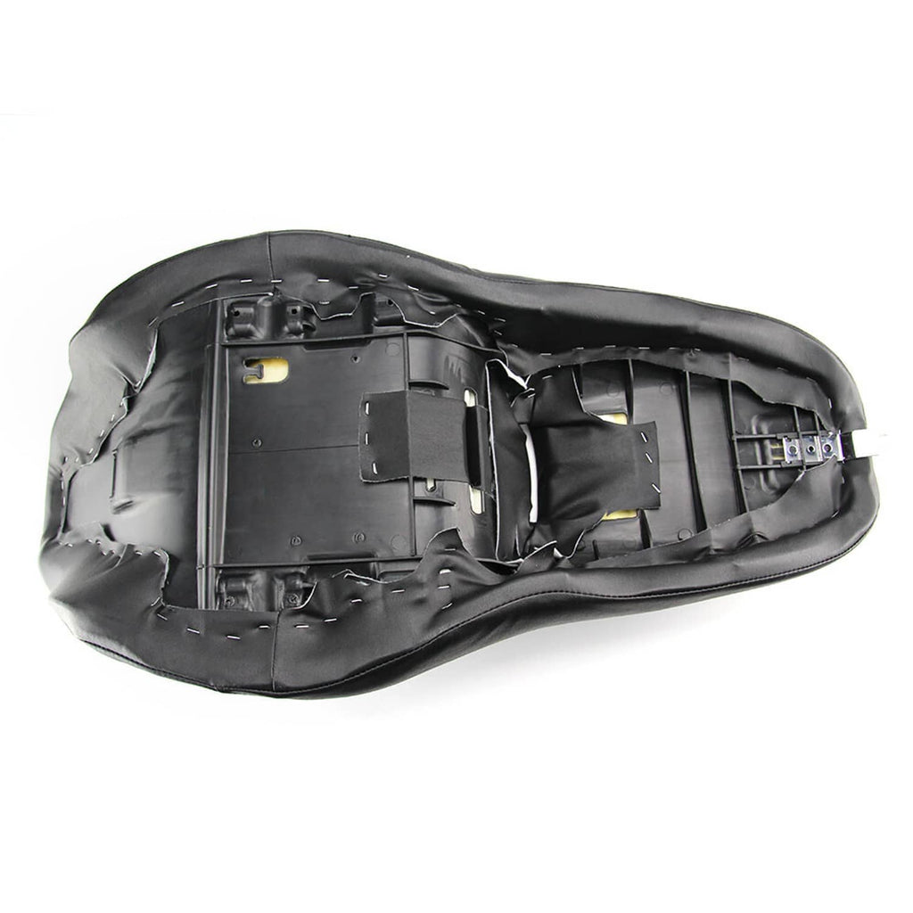 Black motorcycle seat underside base with mounting brackets and foam padding visible.