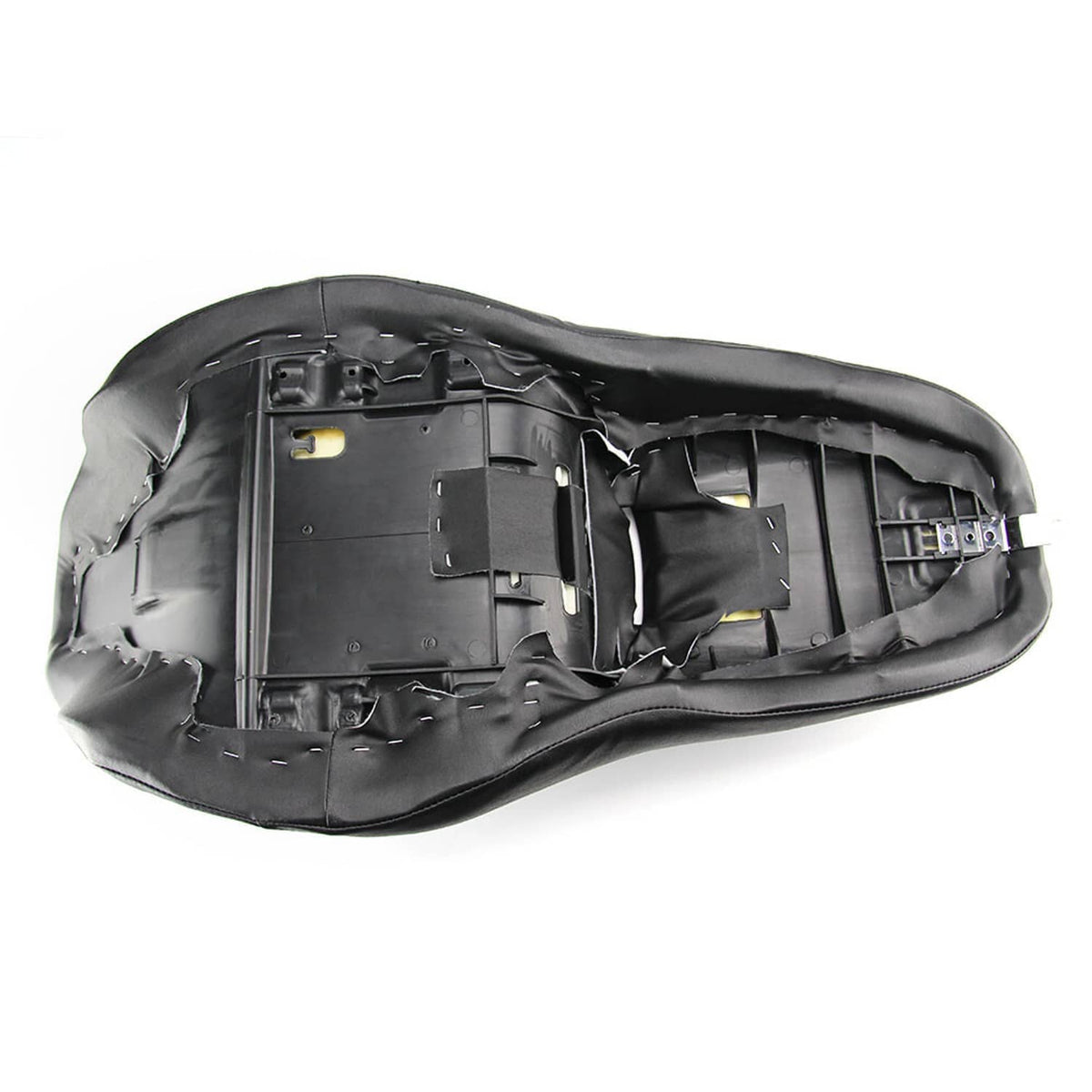 Black motorcycle seat underside base with mounting brackets and foam padding visible.