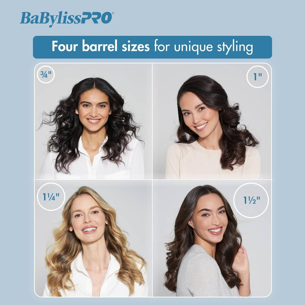 Spring curling iron barrel size options: 3/4, 1, 1 1/4, 1 1/2 in