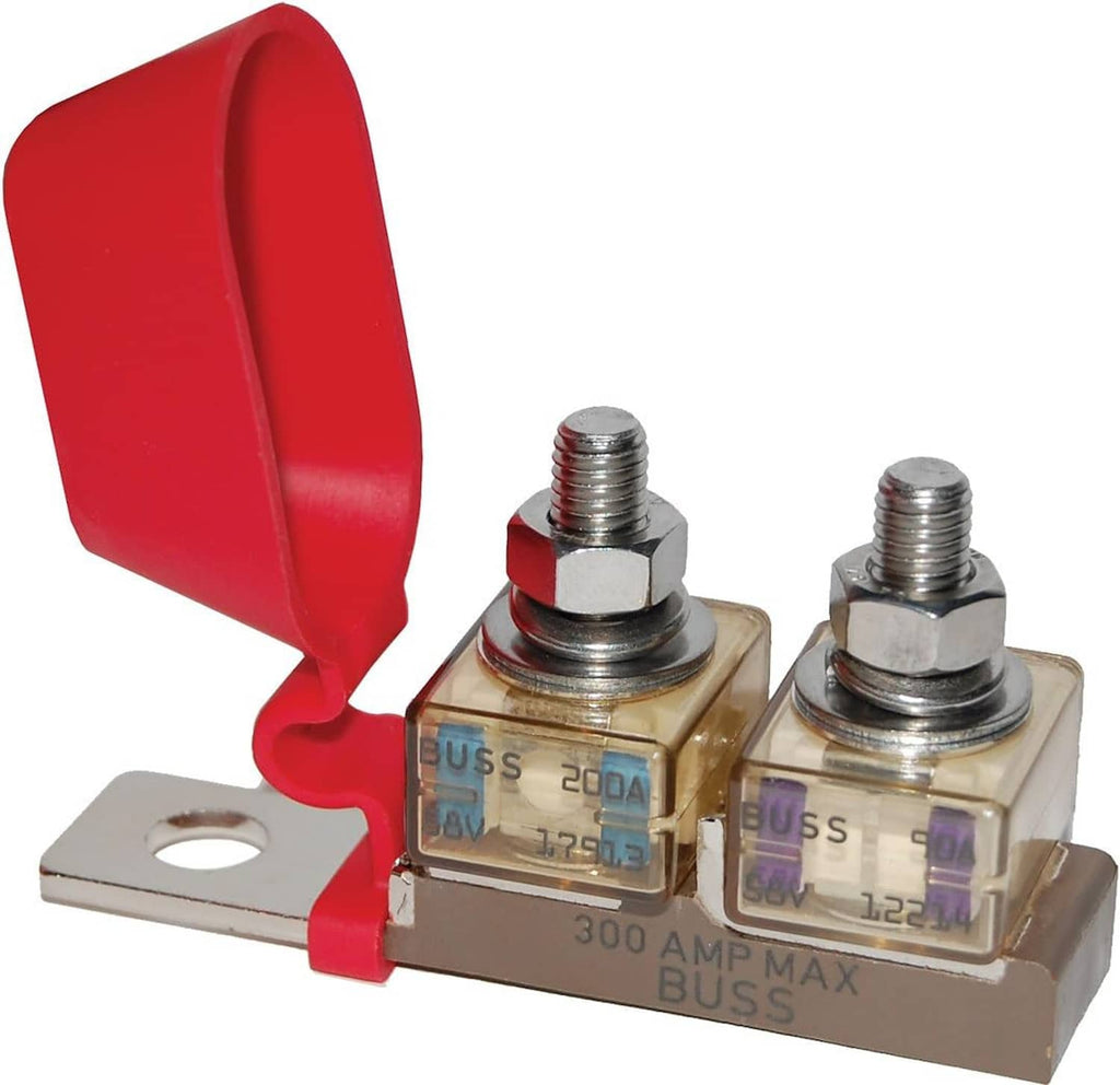 Dual MRBF terminal fuse block featuring red cover, two threaded terminals, 300A max