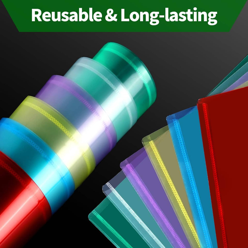 Multicolor translucent plastic A4 envelopes with snap closures stacked together
