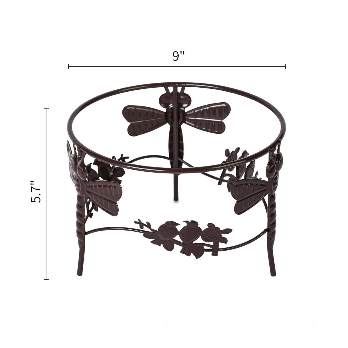 Metal gazing ball stand with 9 in width and 5.7 in height, dark bronze finish.