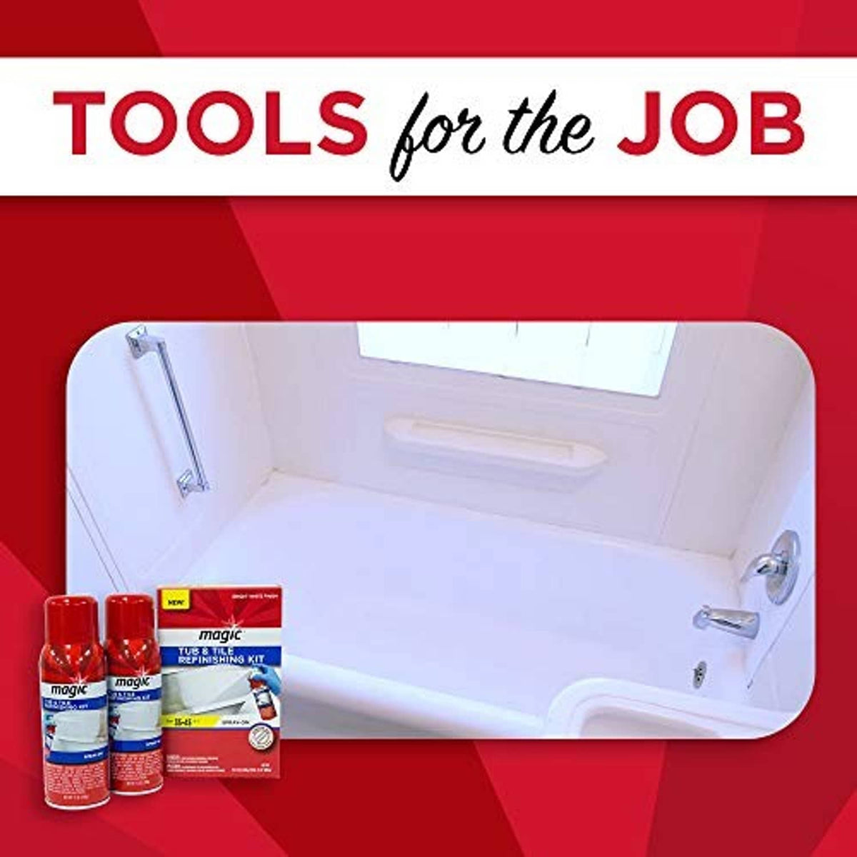 Magic tub and tile refinishing kit with two spray cans and small accessory tools