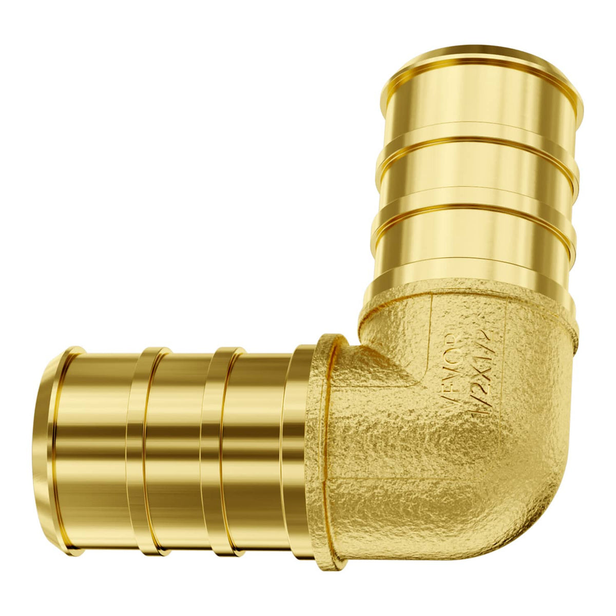 Close-up: gold brass 1/2 in clamp-style elbow pipe fitting