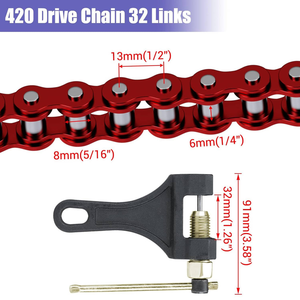Red 420 drive chain 32 links with dimensions and included chain-breaker tool