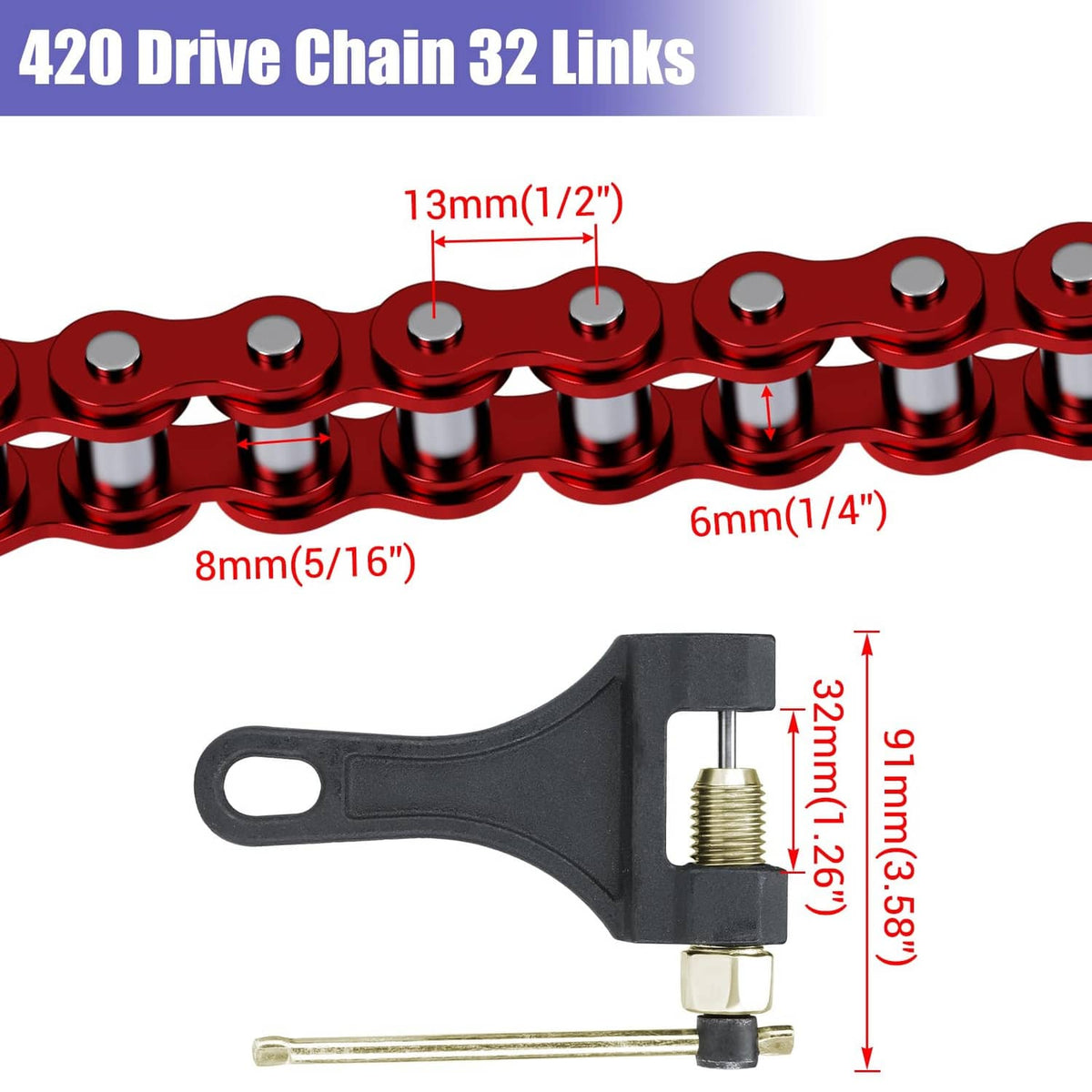 Red 420 drive chain 32 links with dimensions and included chain-breaker tool