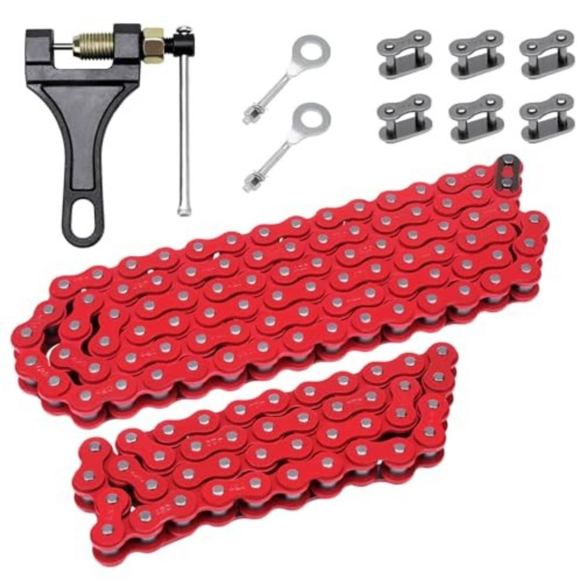 Red 420 roller chain kit with chain tool, pins, and multiple spare link clips