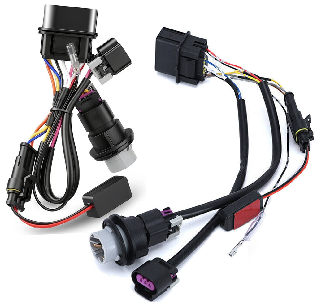 Projector headlight conversion wire harness with black connectors and multicolor wiring