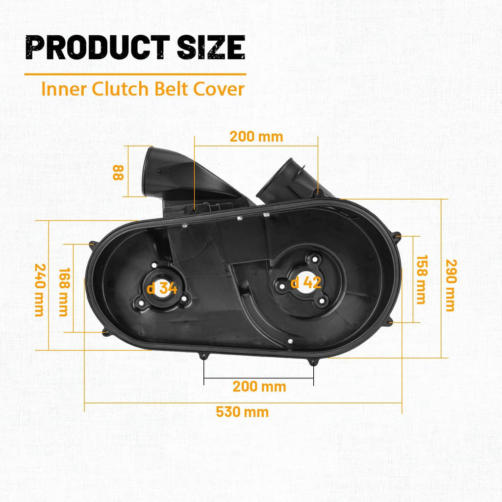 Black clutch belt cover size diagram on a compact molded cover