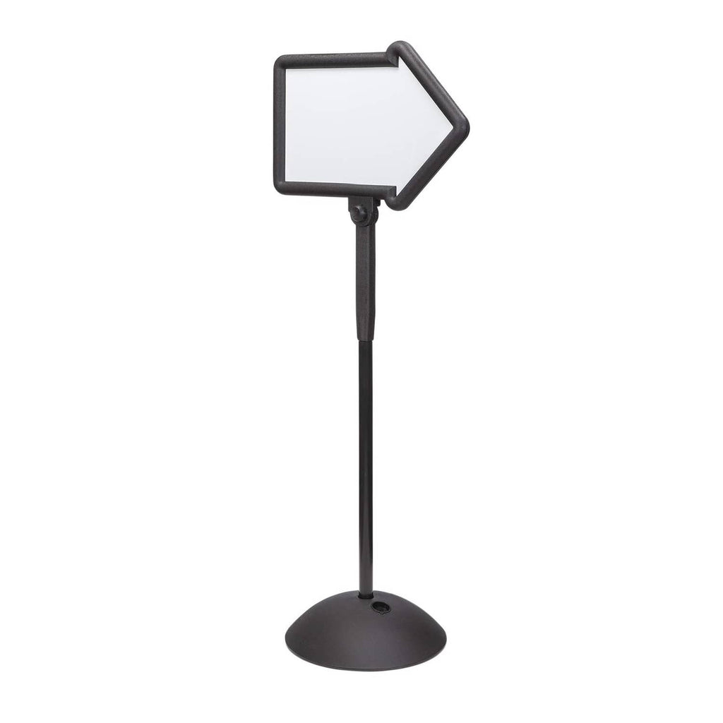 Black directional arrow dry-erase sign on freestanding adjustable stand