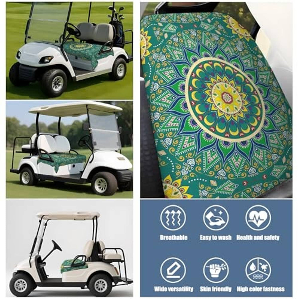 Green golf cart seat cover towel with large mandala print on bench cushion