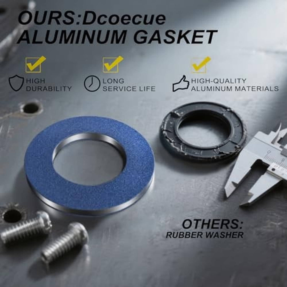 Blue gasket and metal crush washer on work surface with small screws