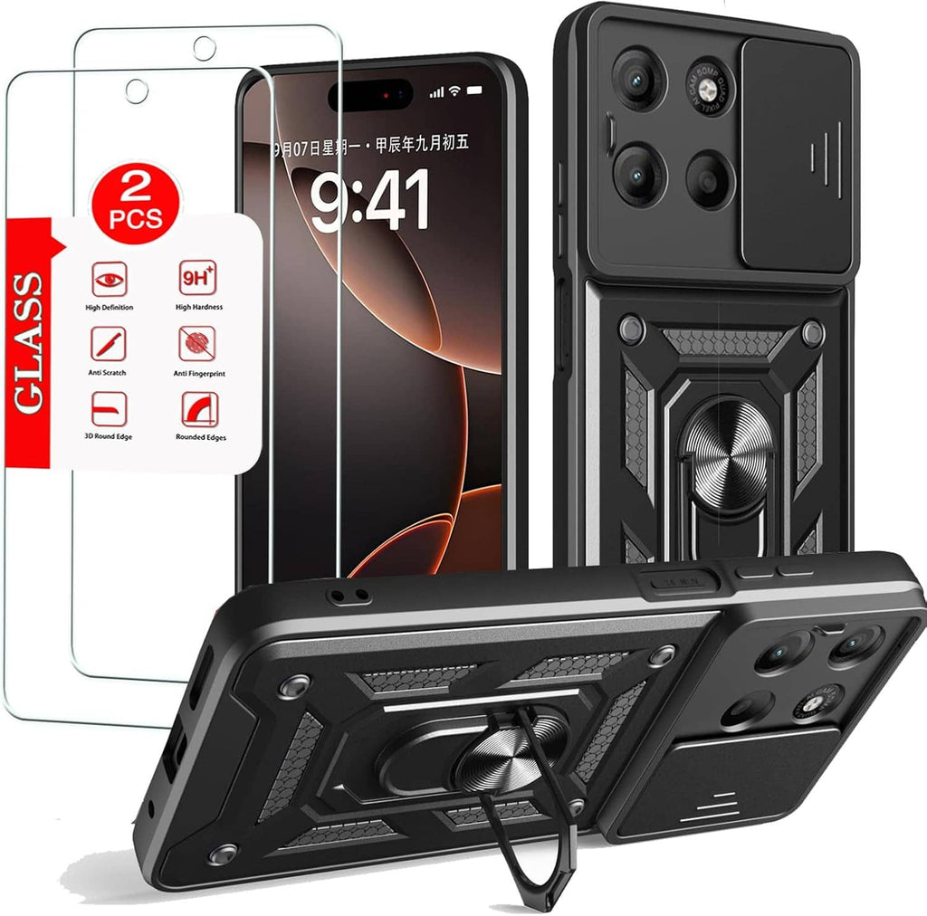 Black rugged phone case with kickstand and tempered glass screen protector (2-pack)