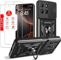 Black rugged phone case with kickstand and tempered glass screen protector (2-pack)