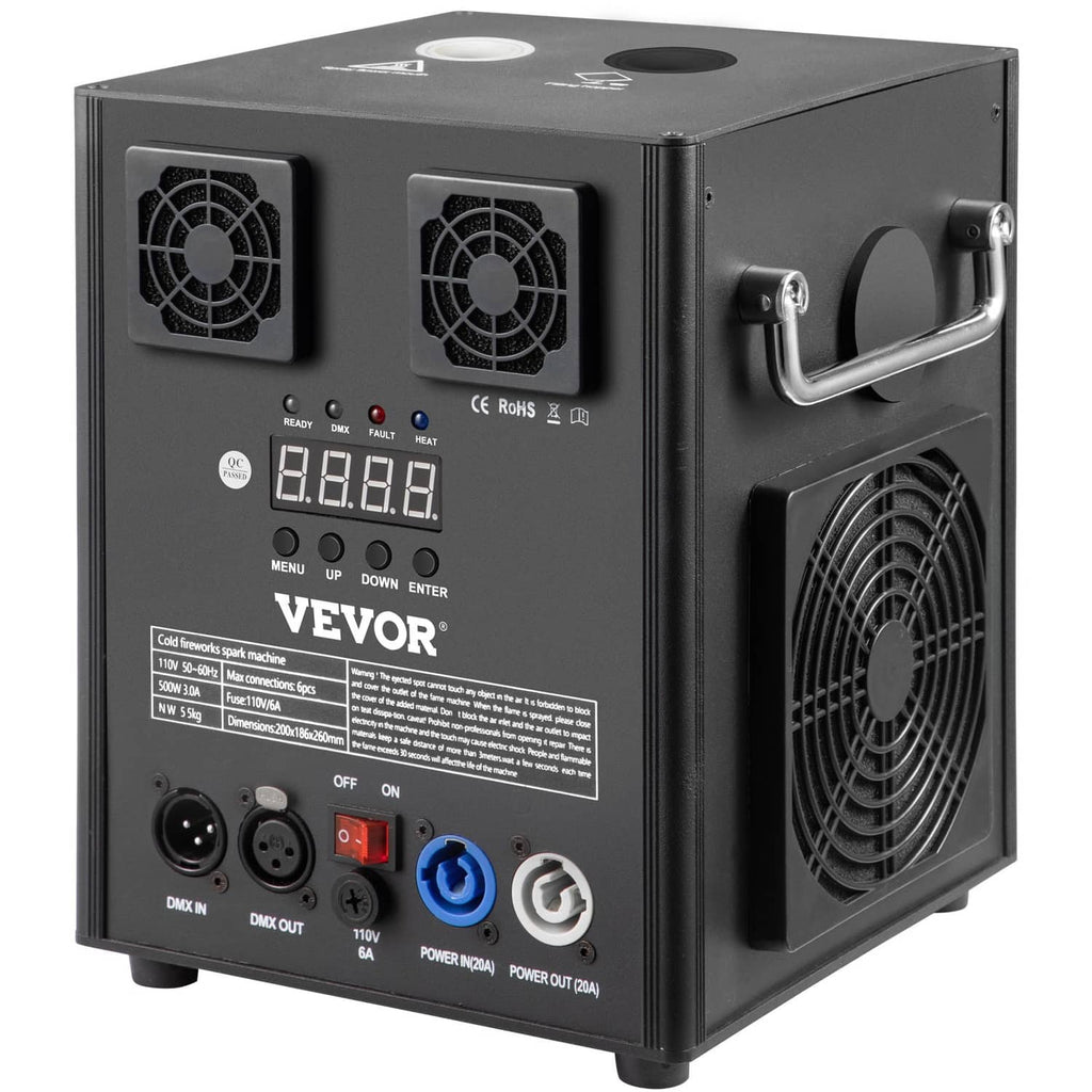 Cold spark machine with front control panel, dual fans, and side heat vent grille