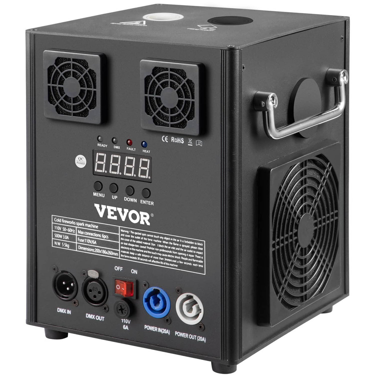 Cold spark machine with front control panel, dual fans, and side heat vent grille