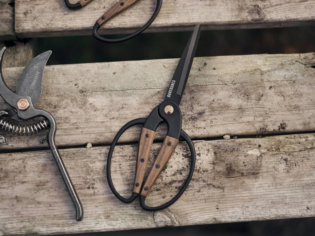 Dual grip garden shears on wooden surface, black blades with walnut handles and loop grips