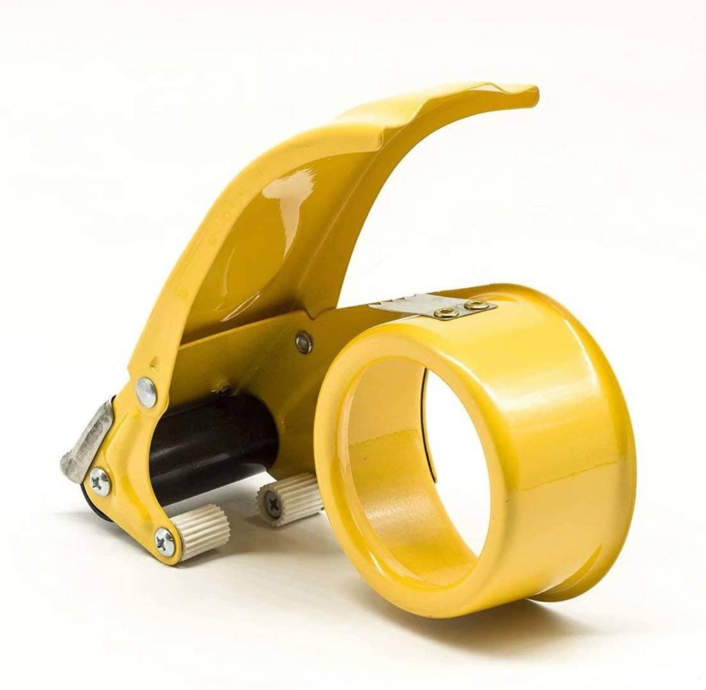 Yellow handheld tape gun dispenser with 2-inch tape roll and side handle