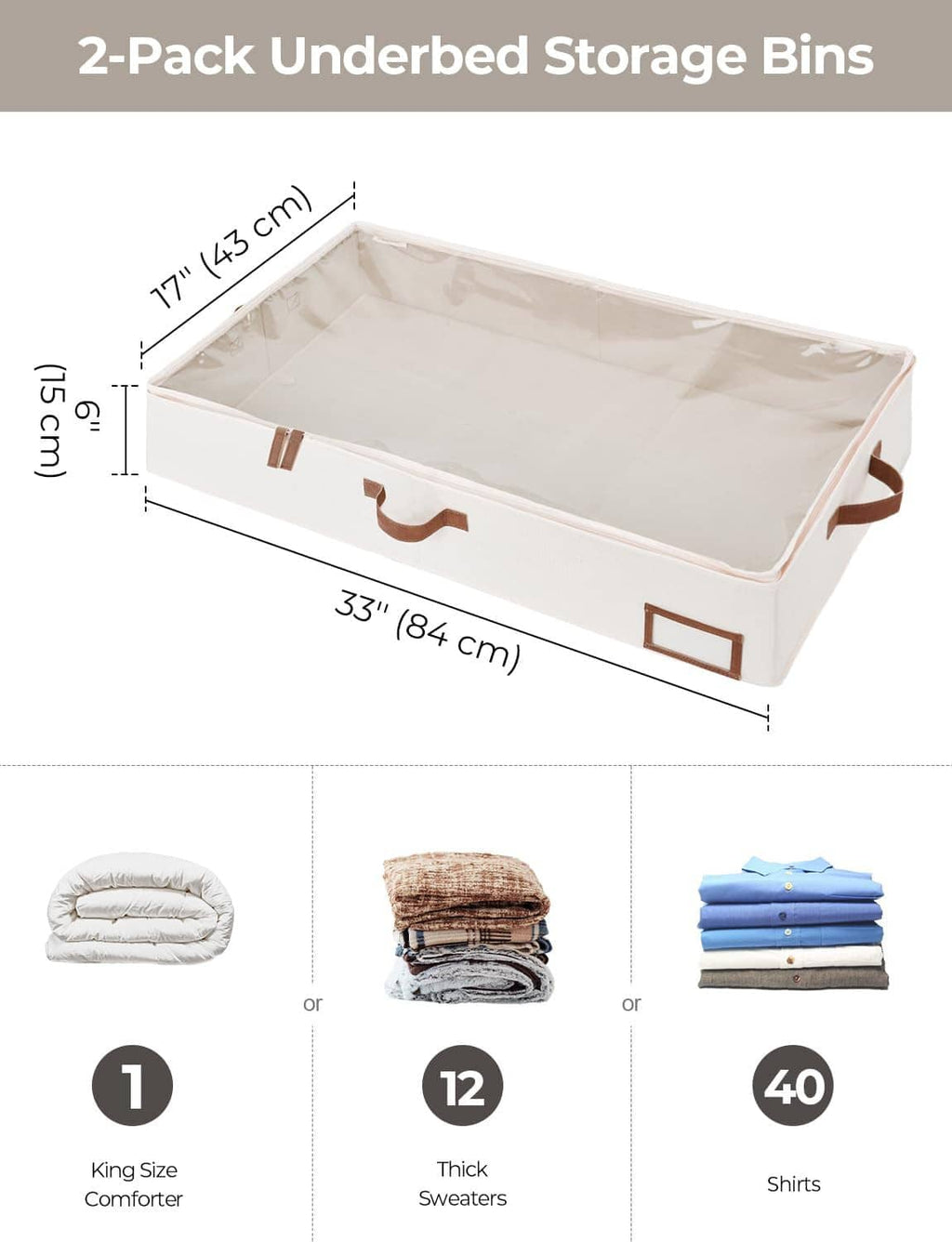 Under-bed storage bin with brown handles, label holder, and open fabric inner liner
