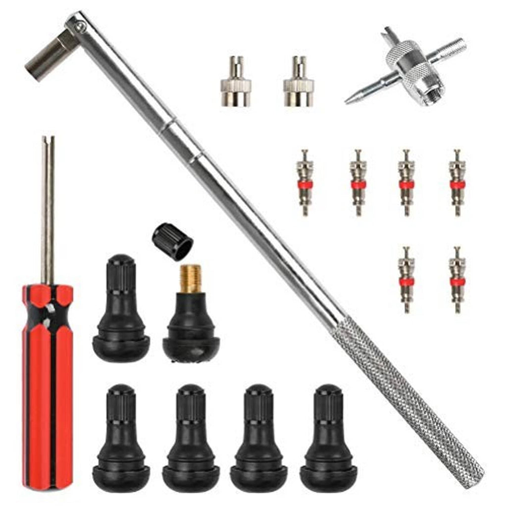 Valve stem puller and installer kit with red handle, chrome tool, rubber caps, and spare cores