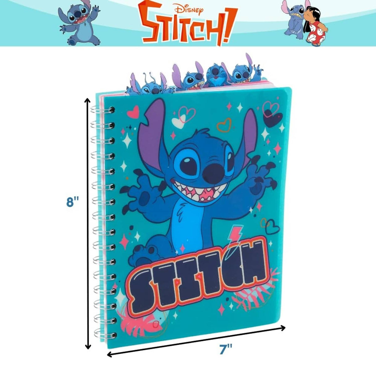 Teal Stitch spiral tab journal shown with height and width dimensions.