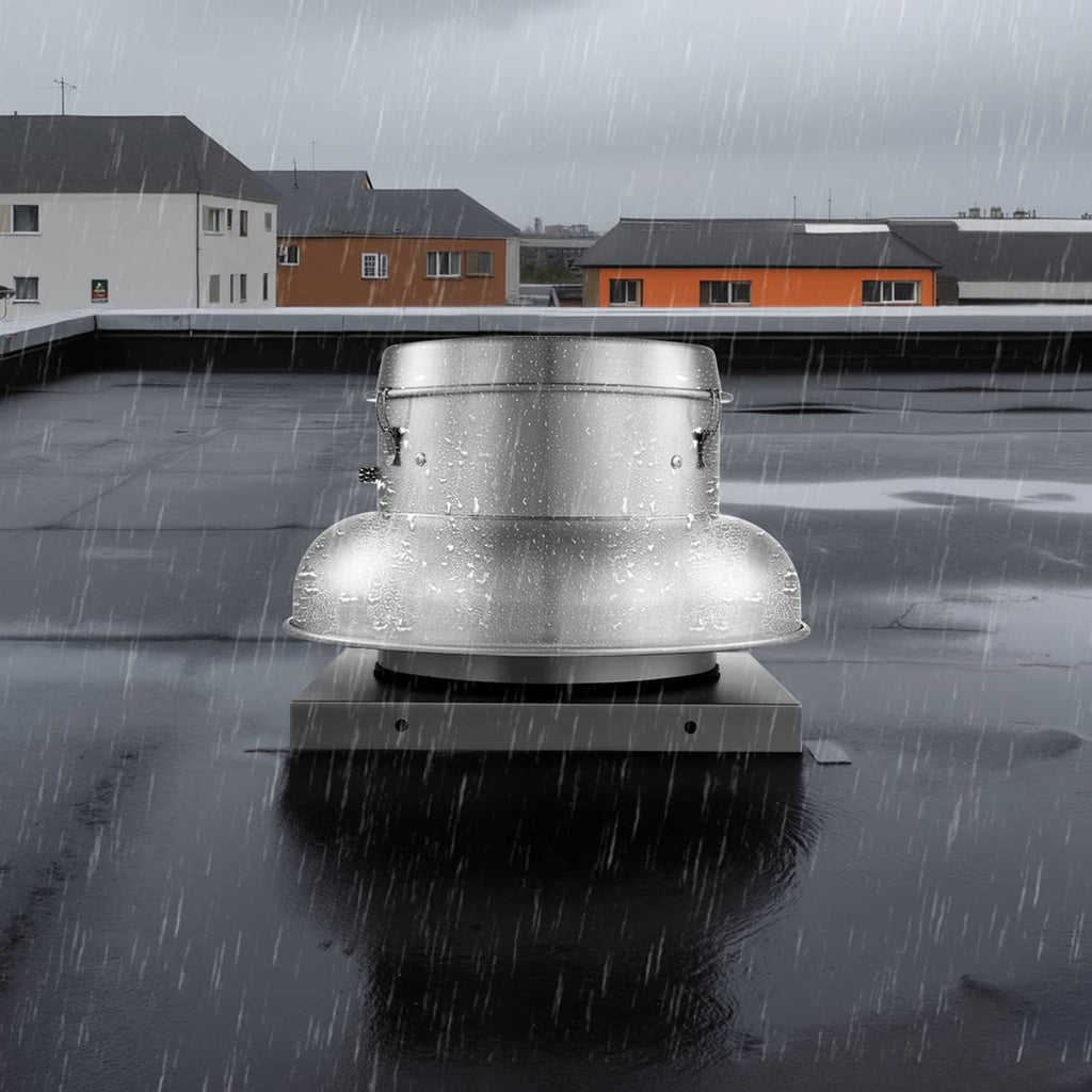 Roof ventilation fan with silver circular base and raised top cover