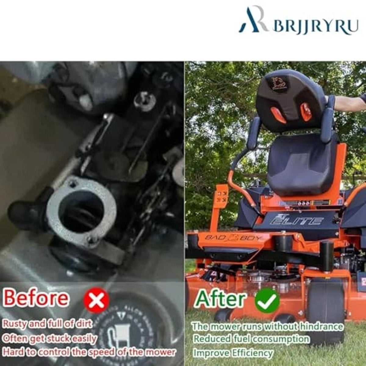 Zero-turn mower control area with black throttle knob and orange housing