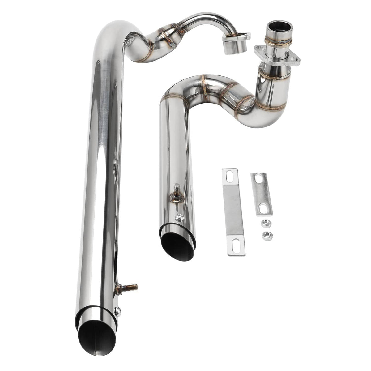 Chrome exhaust pipe system with twin mufflers, header curves, and mounting plates