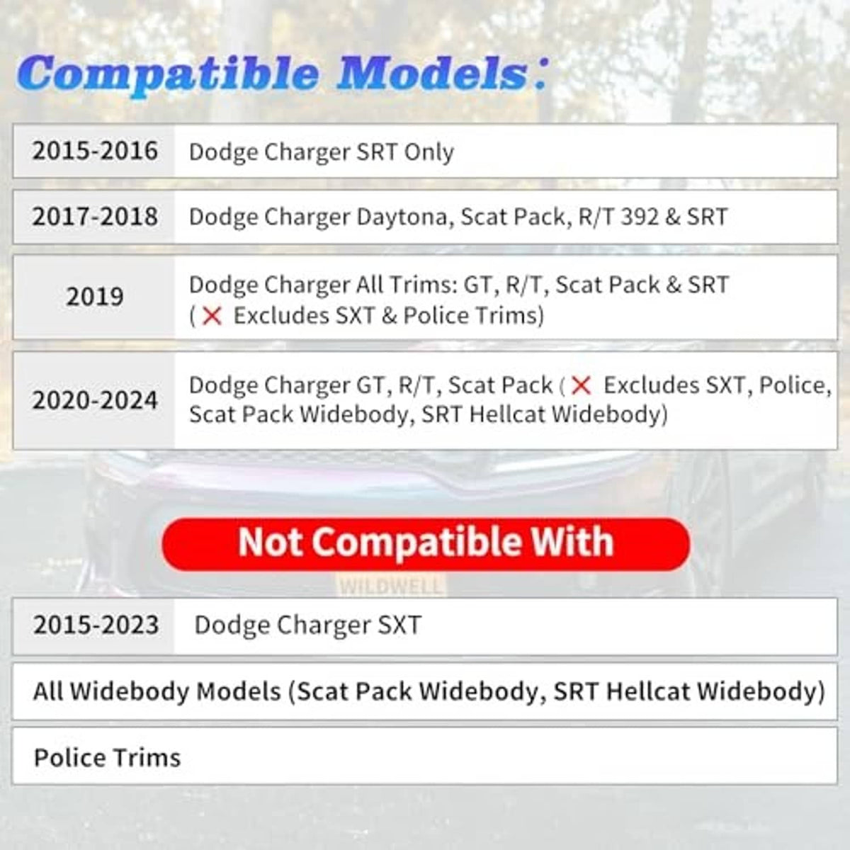 Compatibility chart for front lower grille fitment on 2015-2024 Dodge Charger models