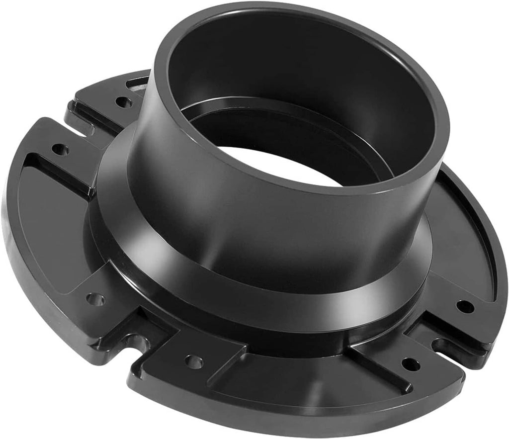 Black toilet socket floor flange with raised ring and mounting bolt holes