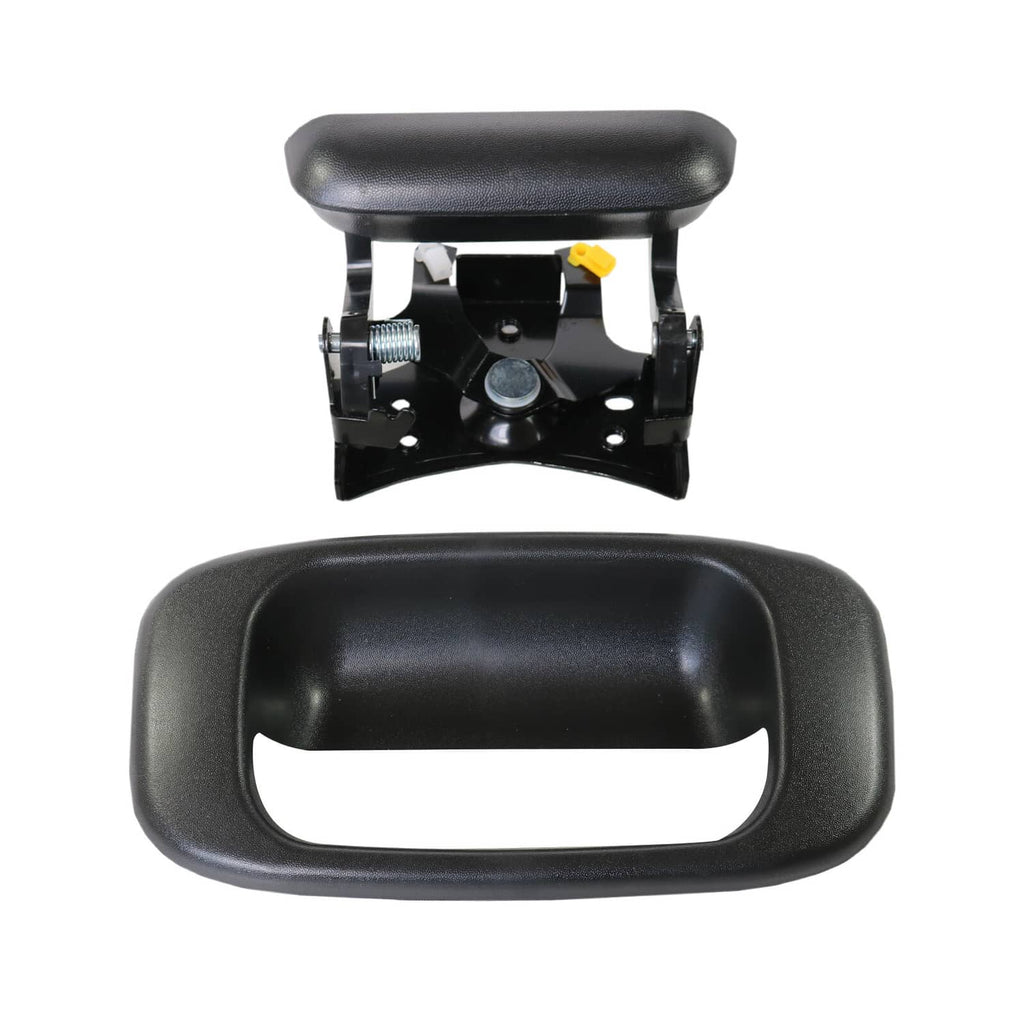 Black tailgate handle bezel with latch mechanism close-up, including small yellow clip