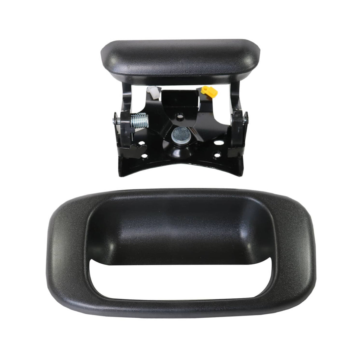 Black tailgate handle bezel with latch mechanism close-up, including small yellow clip