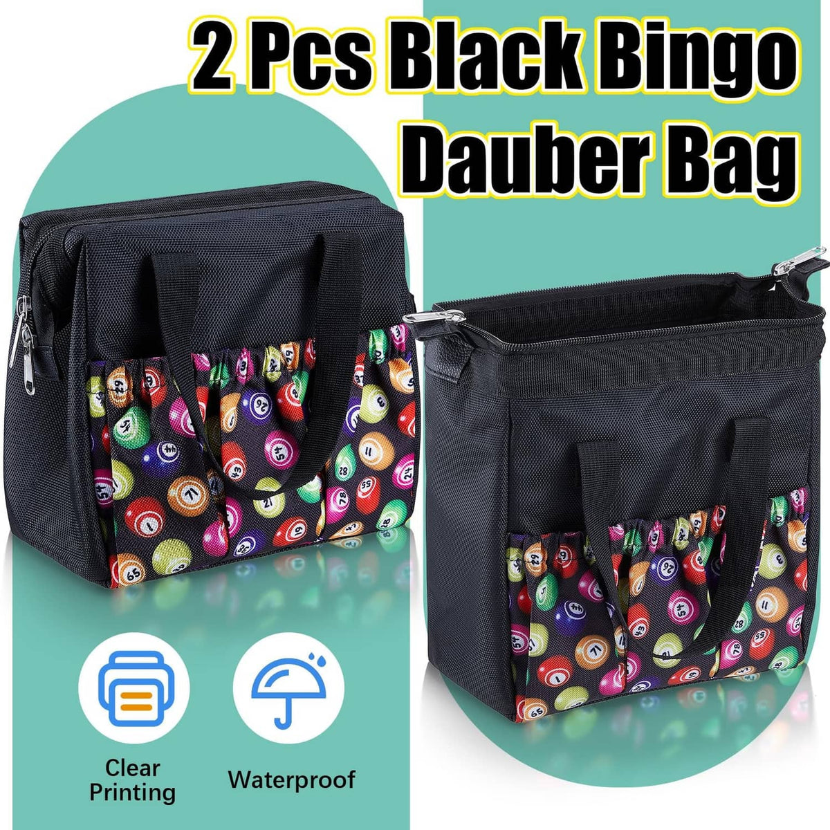 Black bingo dauber bag with colorful bingo-pattern pockets and top zipper