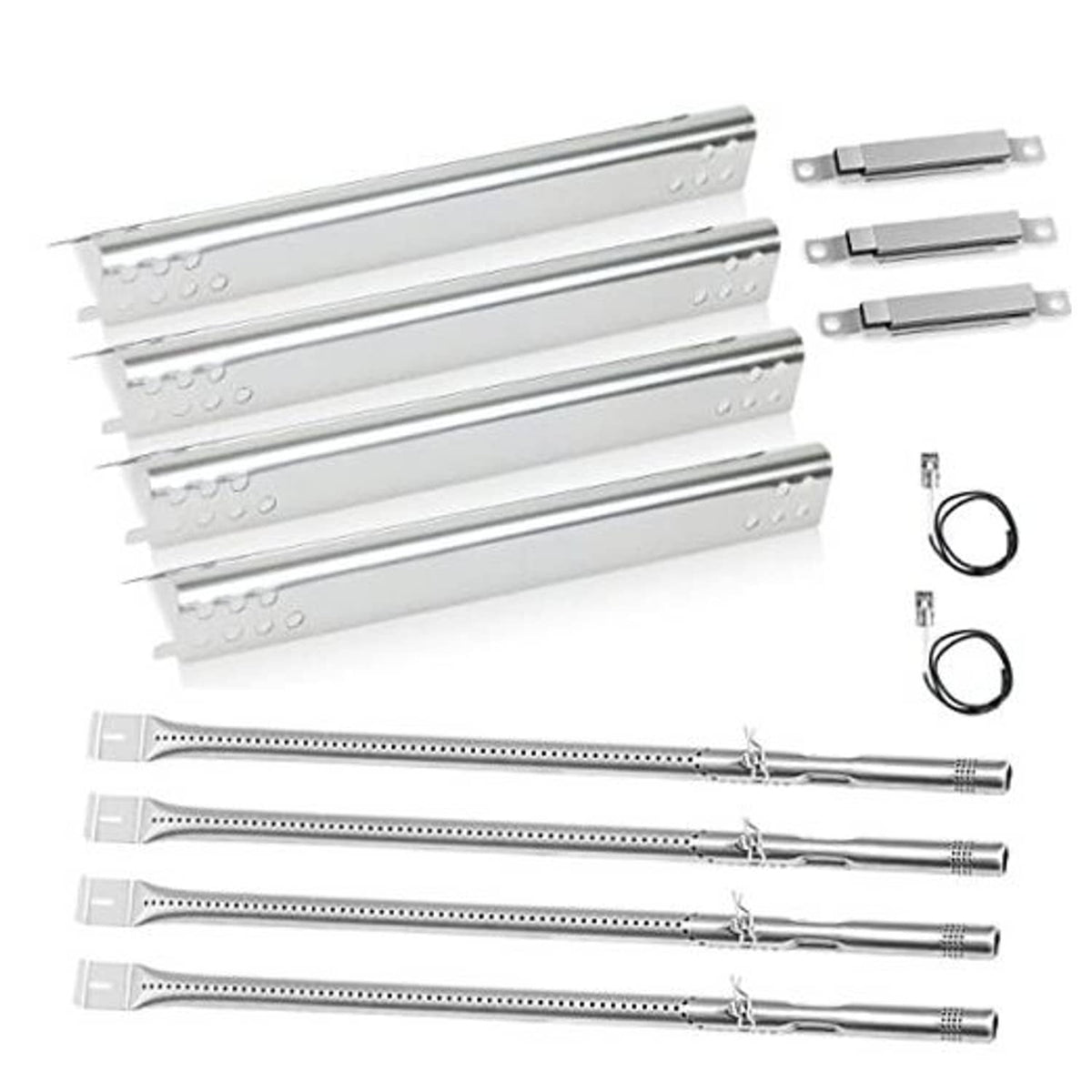 Stainless steel grill burner replacement bars with ignition wire and brackets, 4-piece set