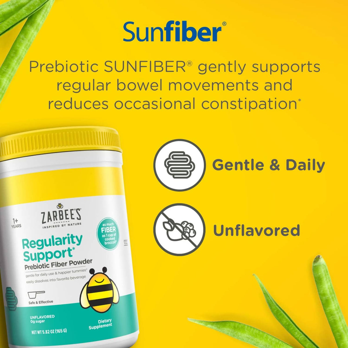 Zarbee's Regularity Support prebiotic fiber powder jar with yellow informational panel