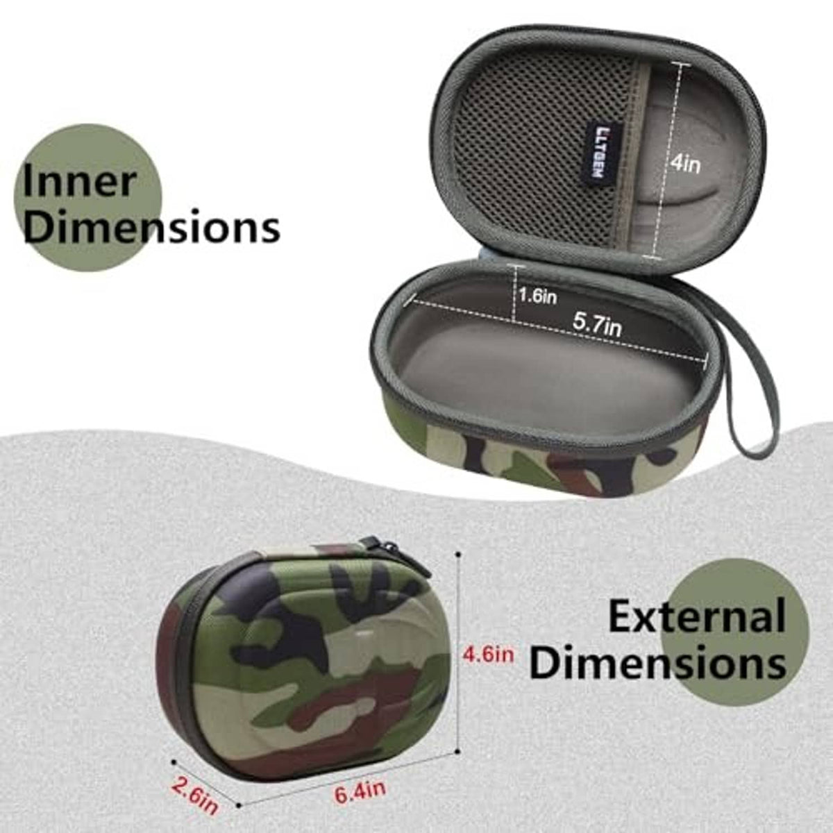 Half-open camo speaker case with gray inner padding and carrying wrist strap