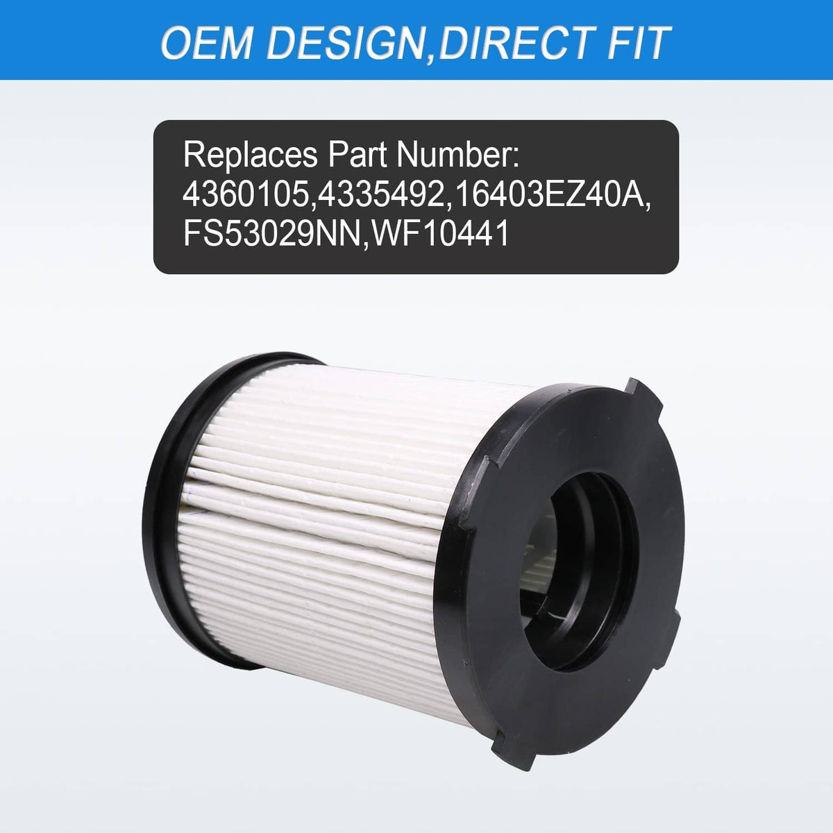 White fuel filter cartridge with pleated paper element and black end cap