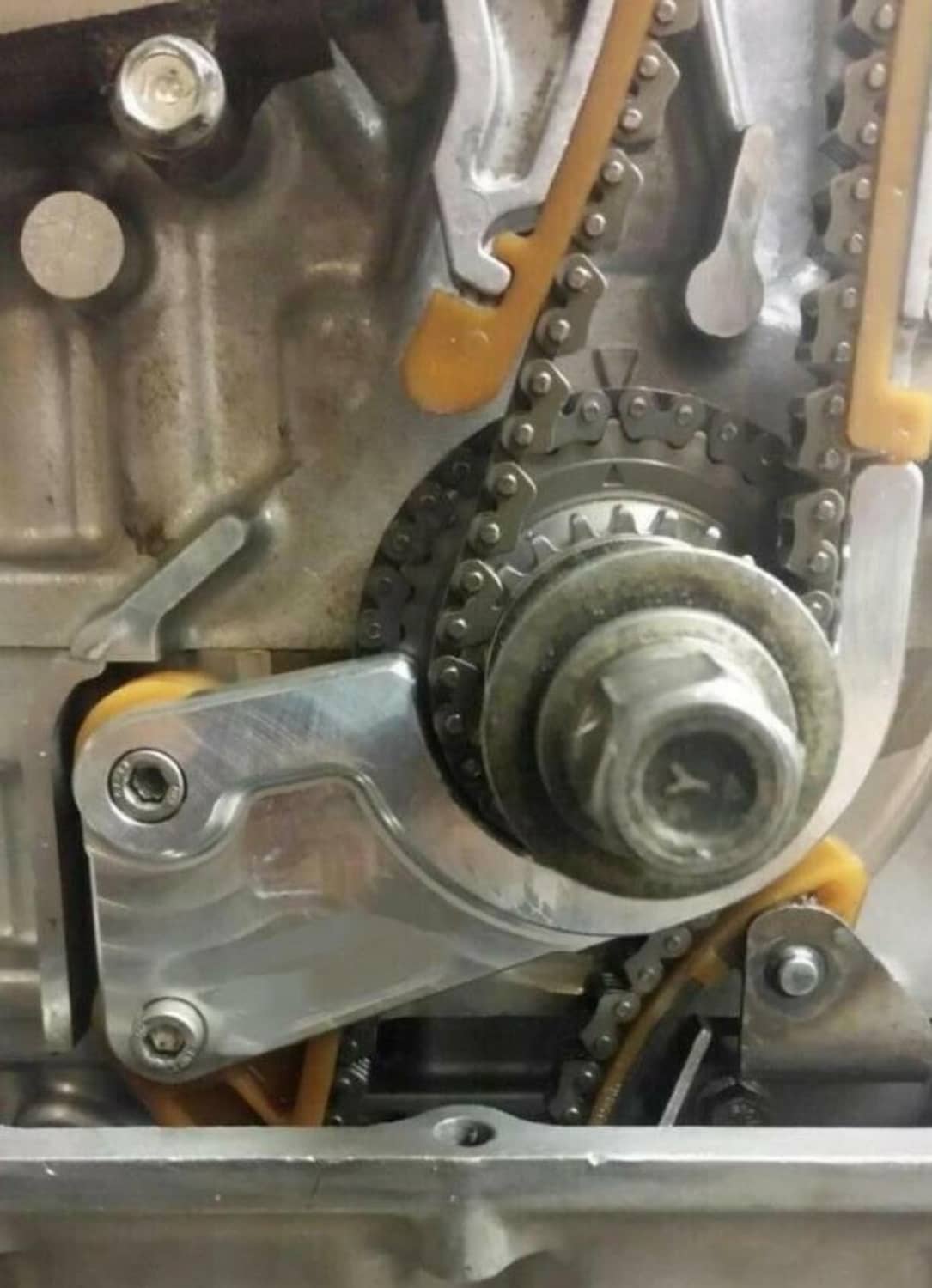 Lower timing chain guide installed on engine with surrounding timing components.