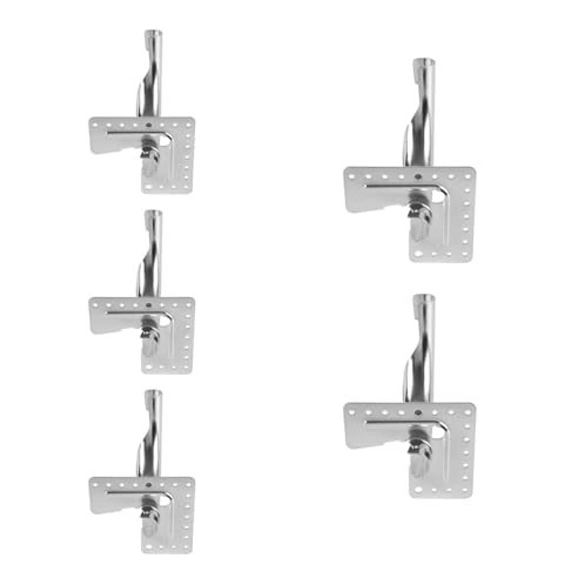 Set of metal tubing elbow bend support brackets with nail flanges, shiny silver finish