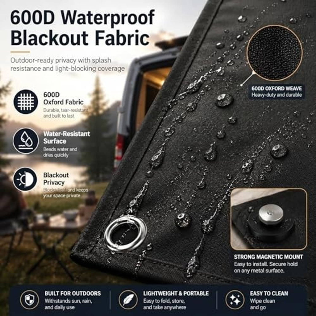 Black waterproof blackout fabric privacy curtain corner with strong magnetic mount