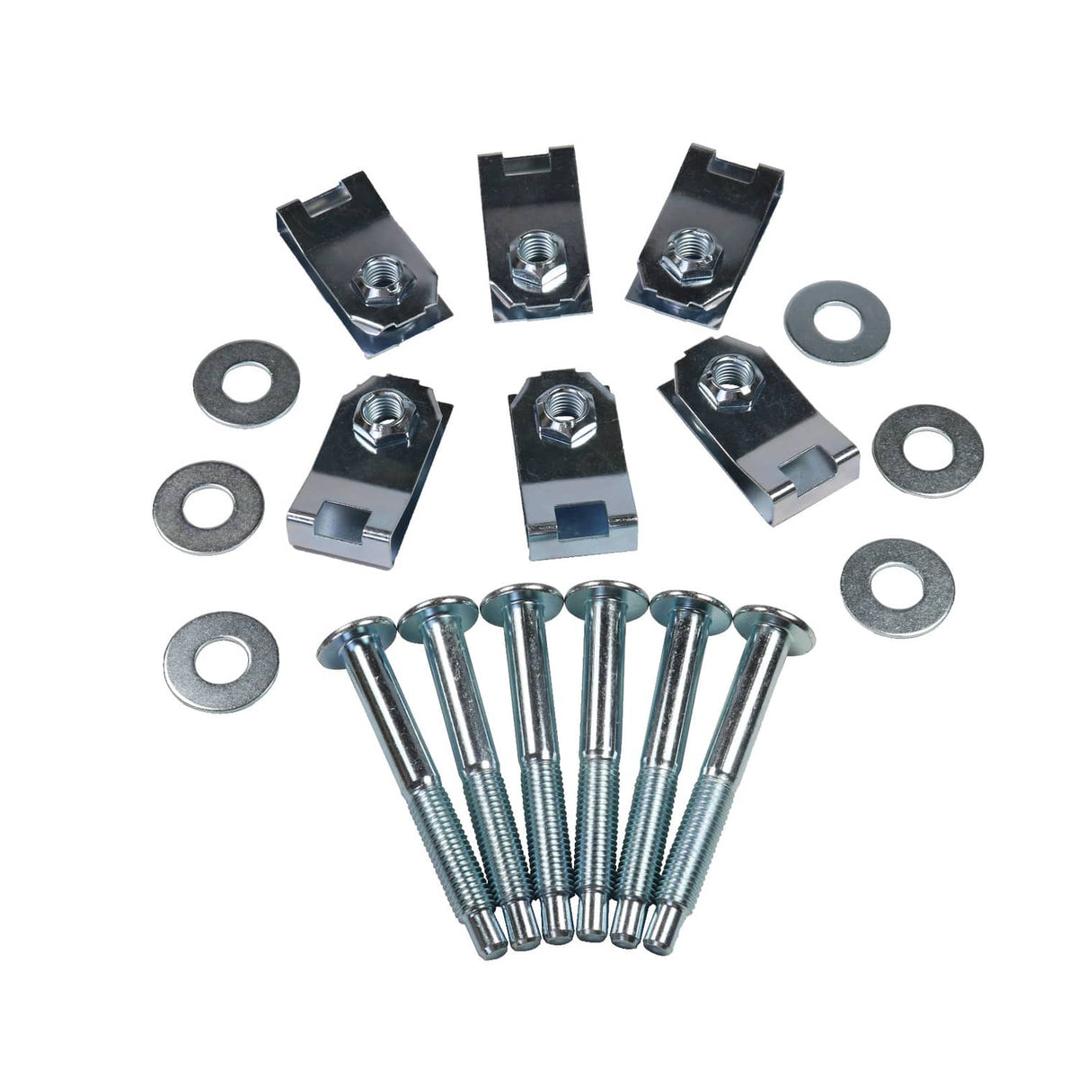 Truck bed mounting hardware kit with black clips, zinc bolts, and flat washers