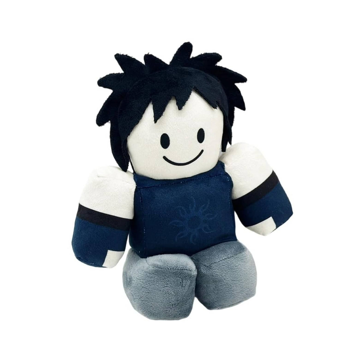 Plush stuffed figure pillow boy with dark spiky hair, navy shirt, gray pants, front