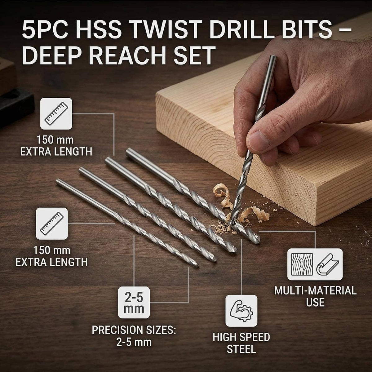 Five long spiral twist drill bits set with a hand drilling a wooden block