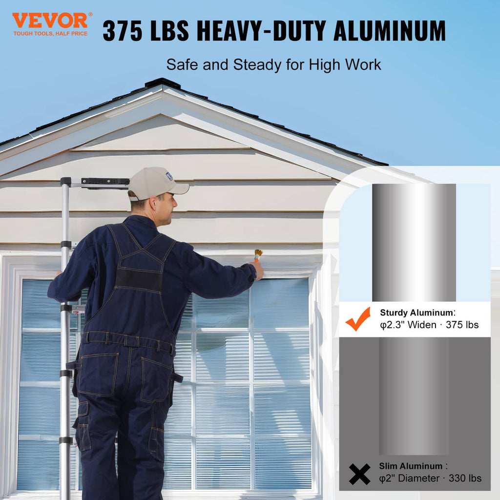 Telescoping extension ladder with silver aluminum rails and black rubber end caps